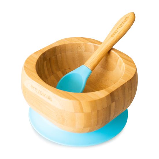 Bambusz mélytányér kanállal - Kék Eco Rascals